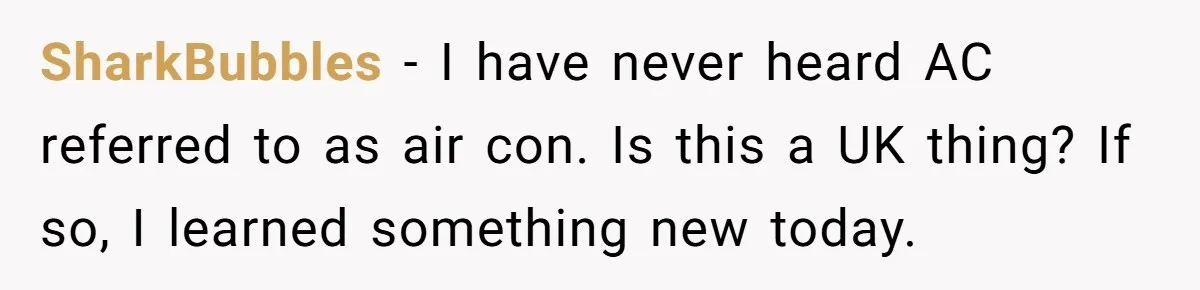 SharkBubbles − I have never heard AC referred to as air con. Is this a UK thing? If so, I learned something new today.