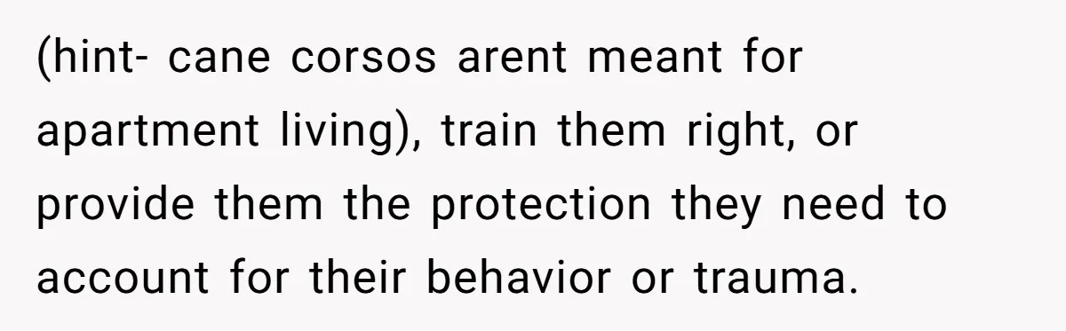 (hint- cane corsos arent meant for apartment living), train them right, or provide them the protection they need to account for their behavior or trauma.