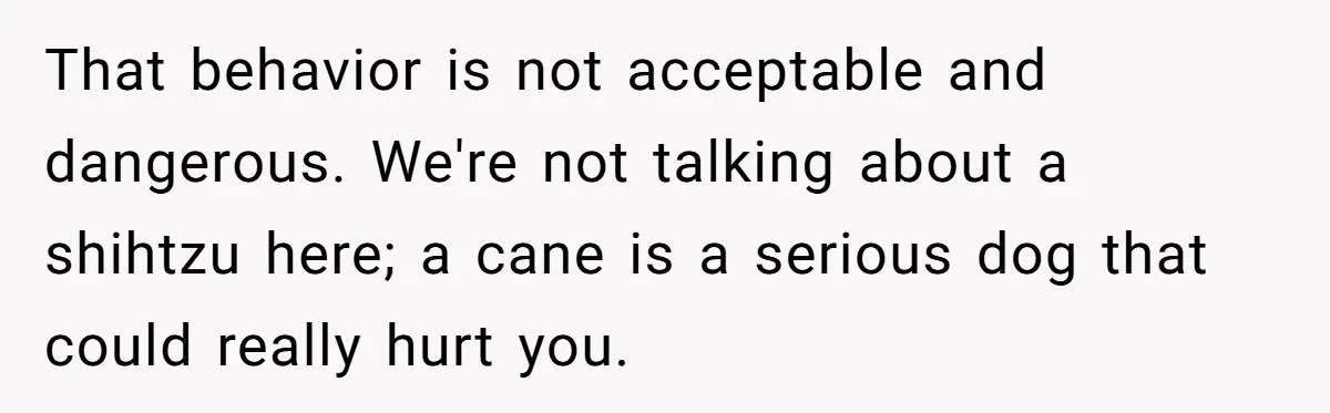 That behavior is not acceptable and dangerous. We're not talking about a shihtzu here; a cane is a serious dog that could really hurt you.