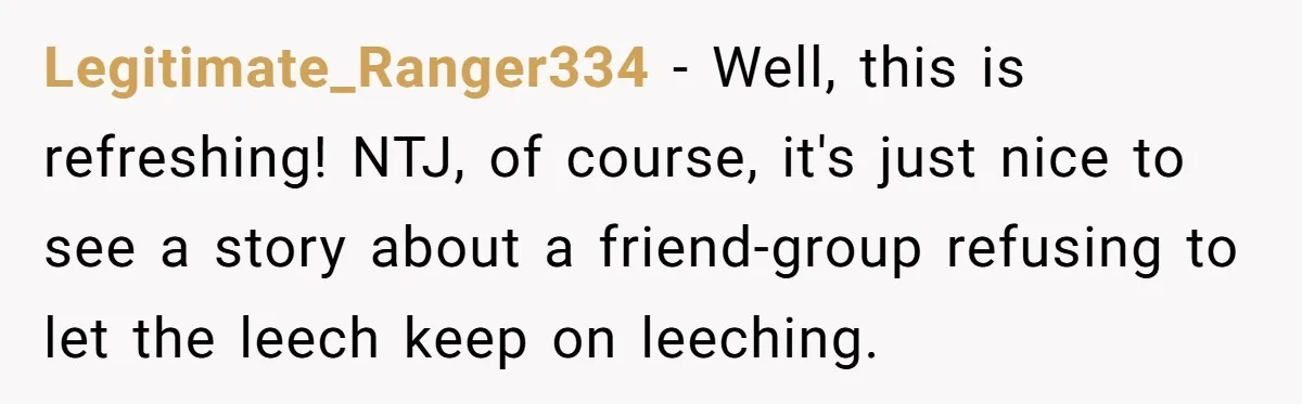 Legitimate_Ranger334 − Well, this is refreshing! NTJ, of course, it's just nice to see a story about a friend-group refusing to let the leech keep on leeching.
