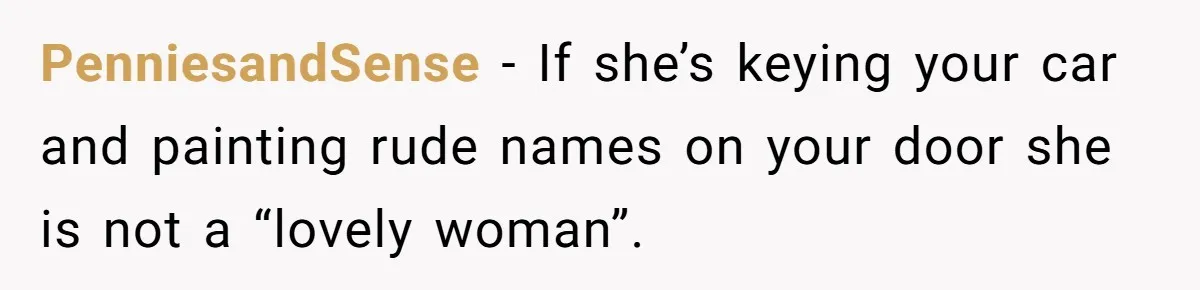 PenniesandSense − If she’s keying your car and painting rude names on your door she is not a “lovely woman”.