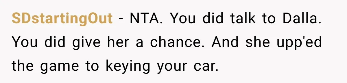SDstartingOut − NTA. You did talk to Dalla. You did give her a chance. And she upp'ed the game to keying your car.