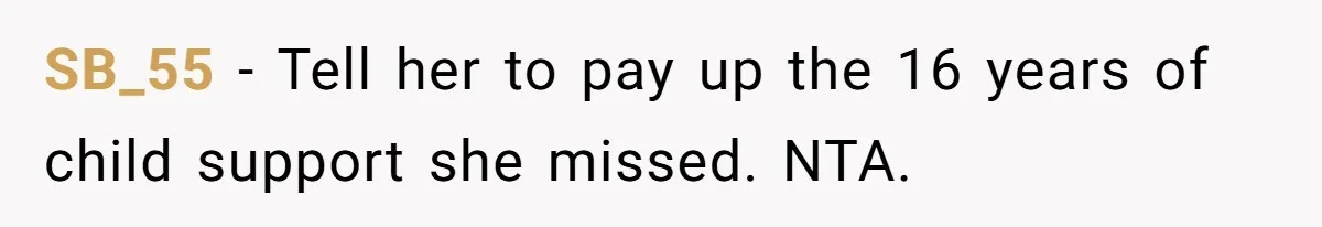 SB_55 − Tell her to pay up the 16 years of child support she missed. NTA.