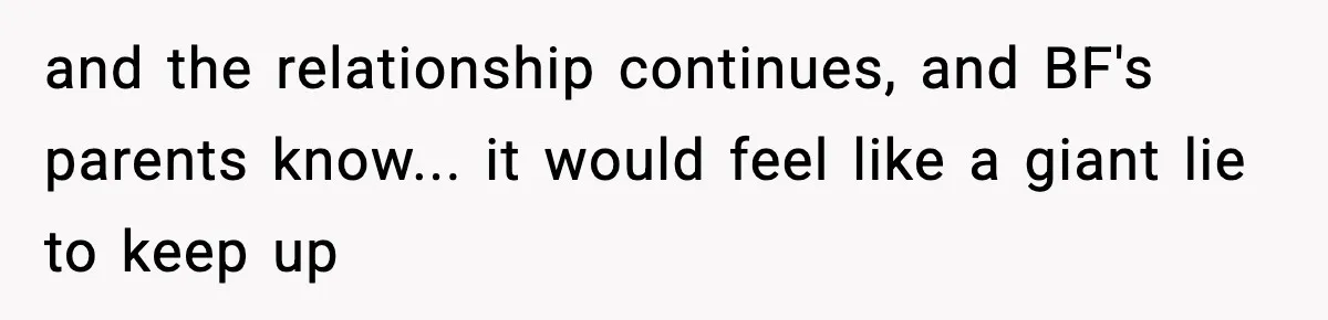 and the relationship continues, and BF's parents know... it would feel like a giant lie to keep up