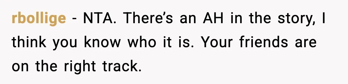 rbollige − NTA. There’s an AH in the story, I think you know who it is. Your friends are on the right track.