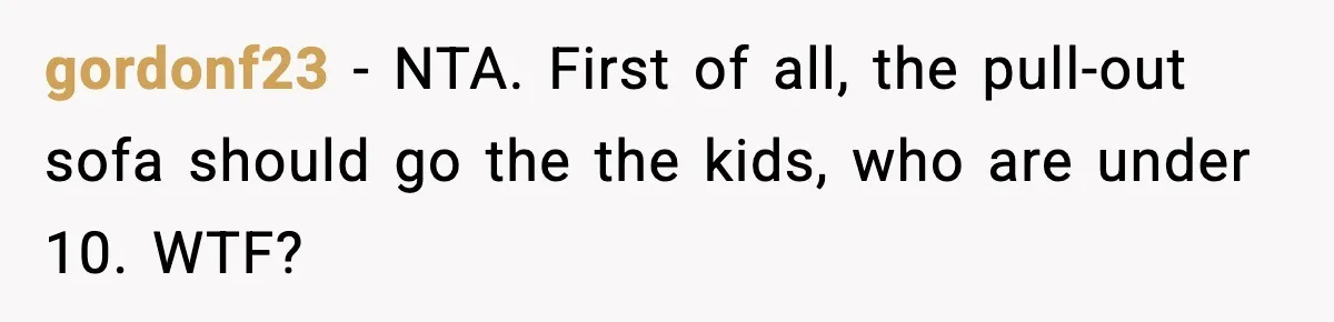 gordonf23 − NTA. First of all, the pull-out sofa should go the the kids, who are under 10. WTF?
