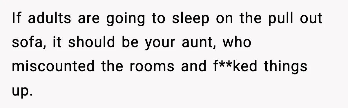 If adults are going to sleep on the pull out sofa, it should be your aunt, who miscounted the rooms and f**ked things up.