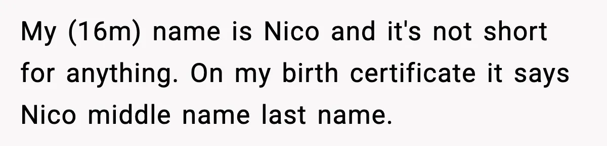 My (16m) name is Nico and it's not short for anything. On my birth certificate it says Nico middle name last name.