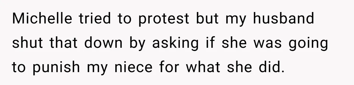 Michelle tried to protest but my husband shut that down by asking if she was going to punish my niece for what she did.