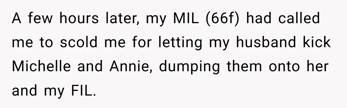 A few hours later, my MIL (66f) had called me to scold me for letting my husband kick Michelle and Annie, dumping them onto her and my FIL.