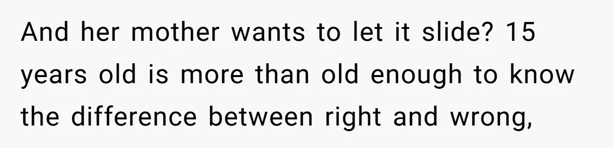 And her mother wants to let it slide? 15 years old is more than old enough to know the difference between right and wrong,