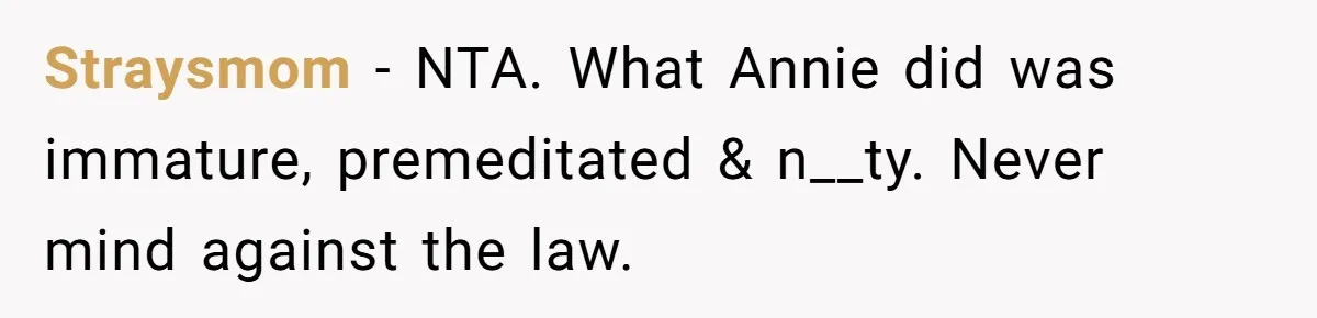 Straysmom − NTA. What Annie did was immature, premeditated & n__ty. Never mind against the law.