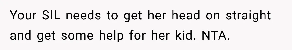 Your SIL needs to get her head on straight and get some help for her kid. NTA.