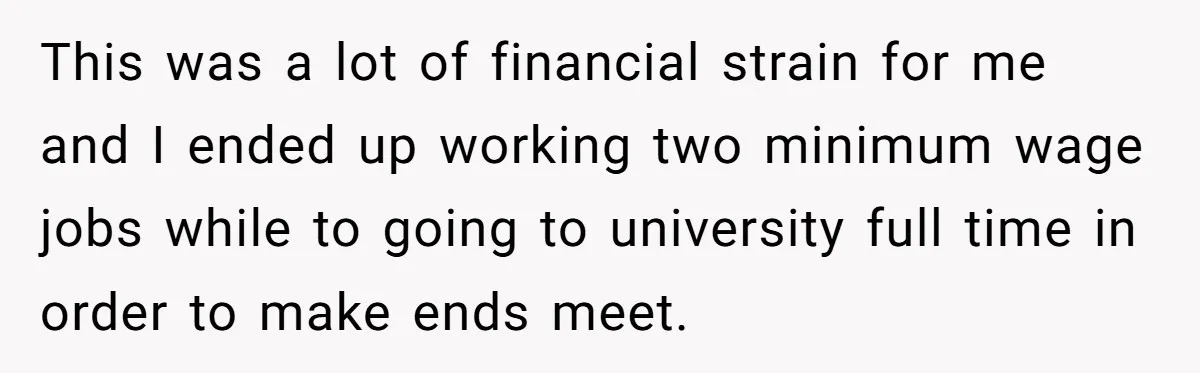 This was a lot of financial strain for me and I ended up working two minimum wage jobs while to going to university full time in order to make ends...