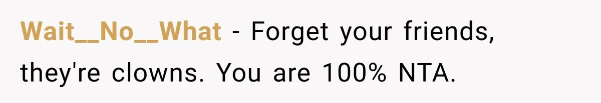Wait__No__What − Forget your friends, they're clowns. You are 100% NTA.
