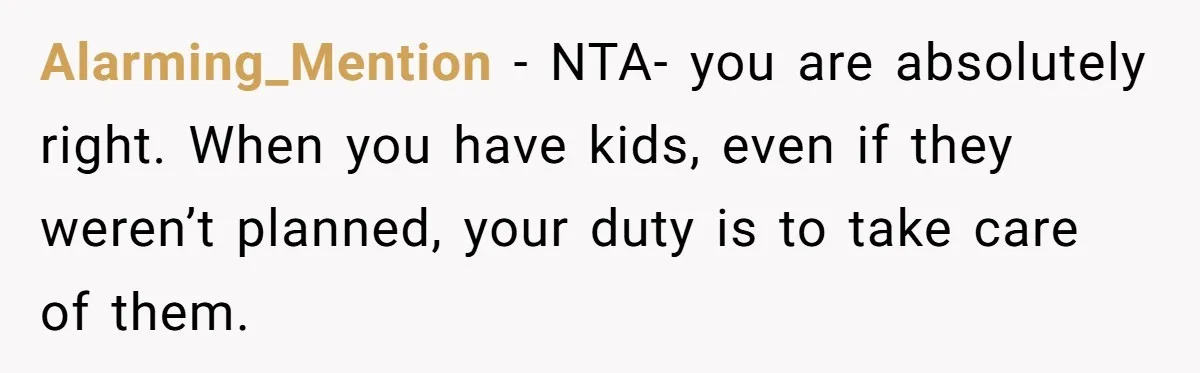 Alarming_Mention − NTA- you are absolutely right. When you have kids, even if they weren’t planned, your duty is to take care of them.