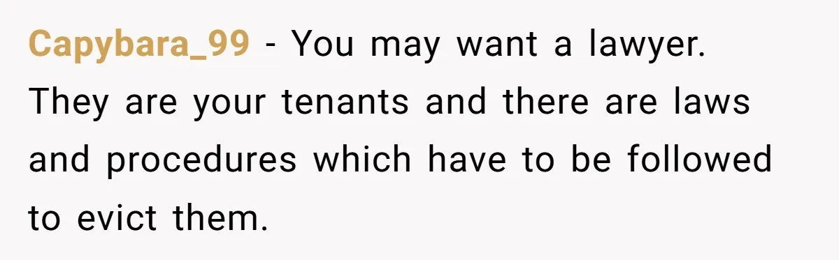 Capybara_99 − You may want a lawyer. They are your tenants and there are laws and procedures which have to be followed to evict them.