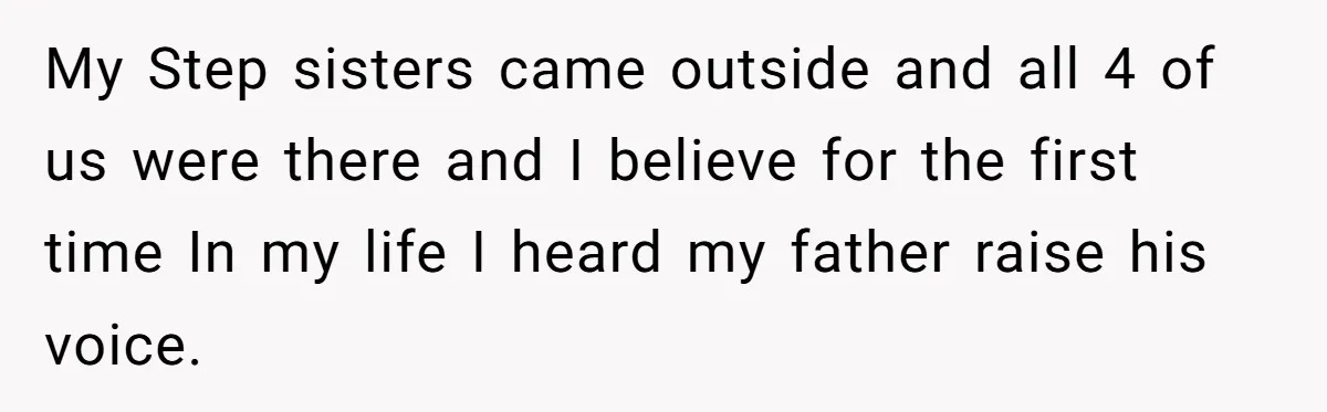 Grieving Son Uncovers A Financial Betrayal After His Late Father Leaves A Secret Will My Step sisters came outside and all 4 of us were there and I believe for the first time In my life I heard my father raise his voice.