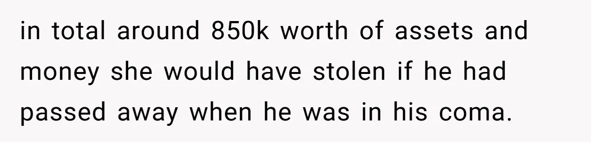 Grieving Son Uncovers A Financial Betrayal After His Late Father Leaves A Secret Will in total around 850k worth of assets and money she would have stolen if he had passed away when he was in his coma.