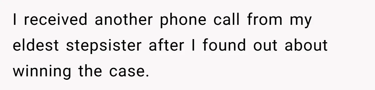 Grieving Son Uncovers A Financial Betrayal After His Late Father Leaves A Secret Will I received another phone call from my eldest stepsister after I found out about winning the case.