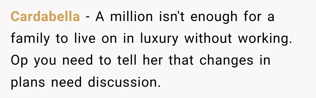 Cardabella − A million isn't enough for a family to live on in luxury without working. Op you need to tell her that changes in plans need discussion.