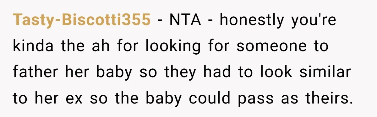 Tasty-Biscotti355 − NTA - honestly you're kinda the ah for looking for someone to father her baby so they had to look similar to her ex so the baby could...
