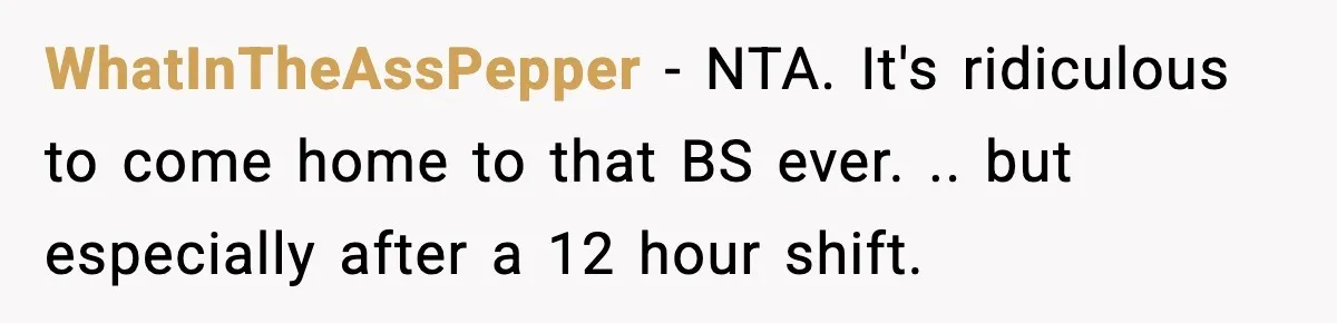 WhatInTheAssPepper − NTA. It's ridiculous to come home to that BS ever. .. but especially after a 12 hour shift.