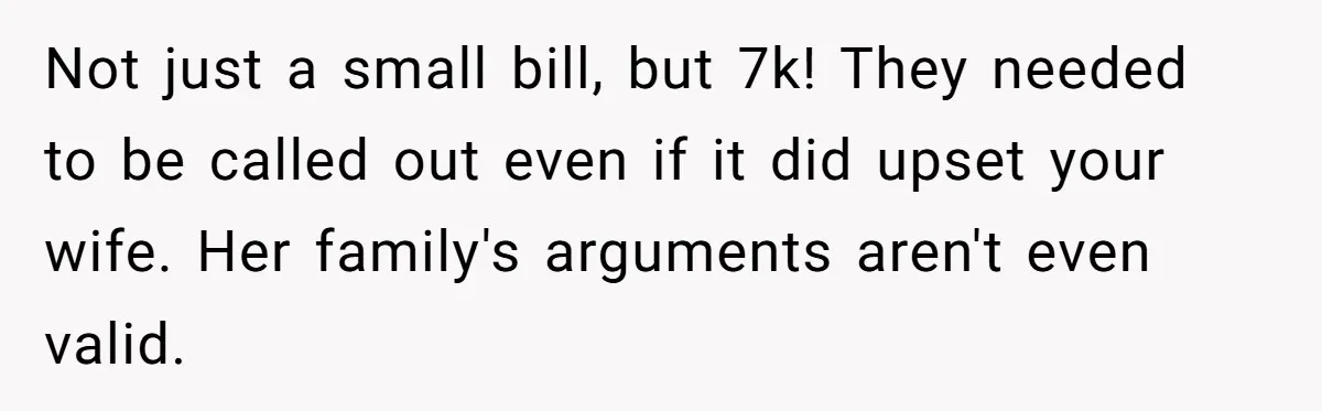 Not just a small bill, but 7k! They needed to be called out even if it did upset your wife. Her family's arguments aren't even valid.