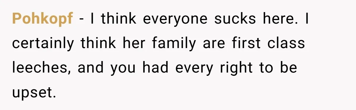 Pohkopf − I think everyone sucks here. I certainly think her family are first class leeches, and you had every right to be upset.