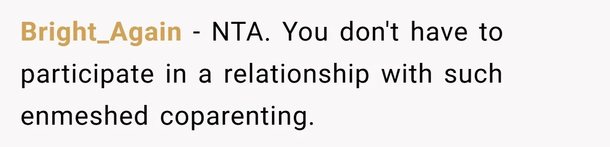 Bright_Again − NTA. You don't have to participate in a relationship with such enmeshed coparenting.