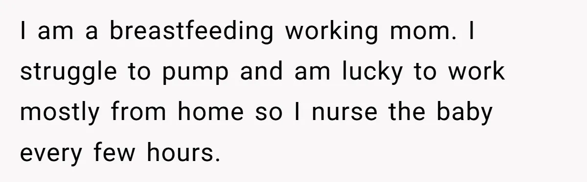I am a breastfeeding working mom. I struggle to pump and am lucky to work mostly from home so I nurse the baby every few hours.