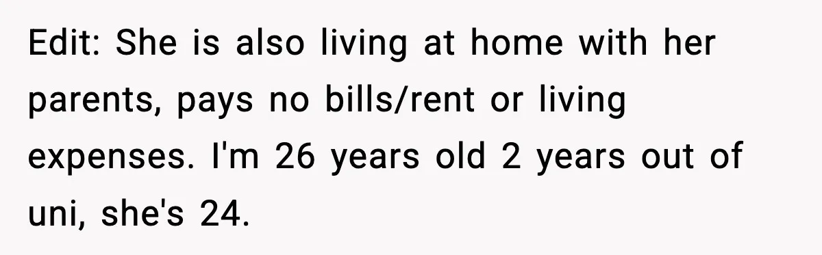 Edit: She is also living at home with her parents, pays no bills/rent or living expenses. I'm 26 years old 2 years out of uni, she's 24.