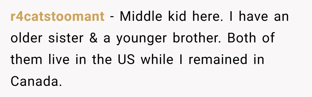 r4catstoomant − Middle kid here. I have an older sister & a younger brother. Both of them live in the US while I remained in Canada.