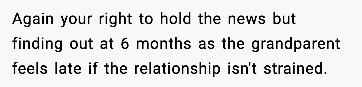 Again your right to hold the news but finding out at 6 months as the grandparent feels late if the relationship isn't strained.
