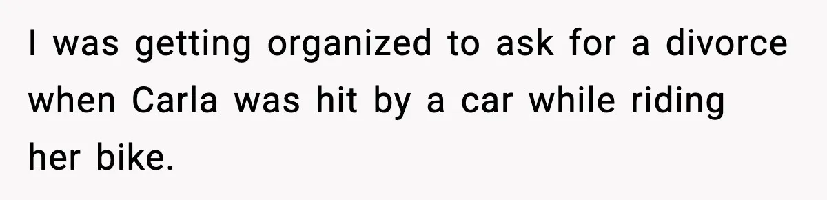 I was getting organized to ask for a divorce when Carla was hit by a car while riding her bike.