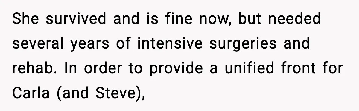 She survived and is fine now, but needed several years of intensive surgeries and rehab. In order to provide a unified front for Carla (and Steve),