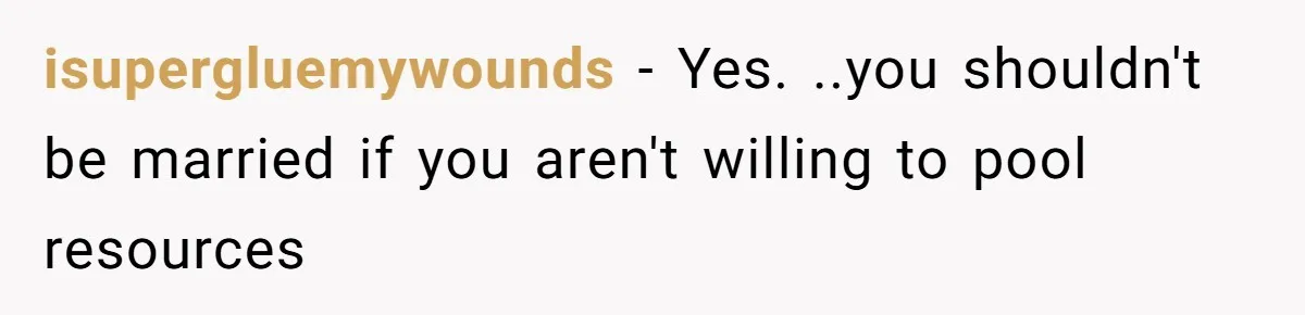 isupergluemywounds − Yes. ..you shouldn't be married if you aren't willing to pool resources