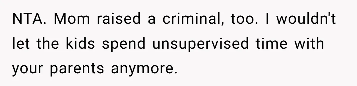 NTA. Mom raised a criminal, too. I wouldn't let the kids spend unsupervised time with your parents anymore.