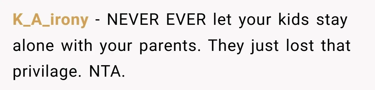 K_A_irony − NEVER EVER let your kids stay alone with your parents. They just lost that privilage. NTA.
