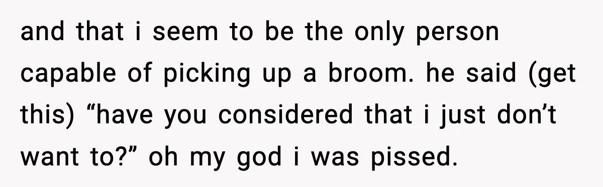 and that i seem to be the only person capable of picking up a broom. he said (get this) “have you considered that i just don’t want to?” oh my...