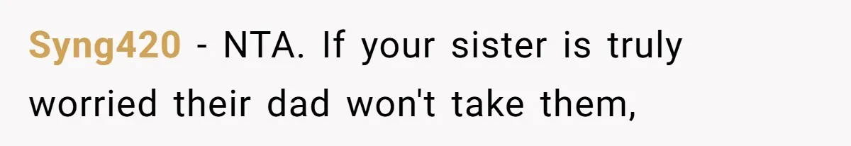 Syng420 − NTA. If your sister is truly worried their dad won't take them,