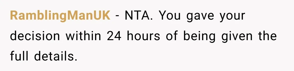 RamblingManUK − NTA. You gave your decision within 24 hours of being given the full details.
