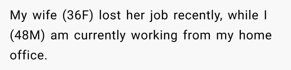 My wife (36F) lost her job recently, while I (48M) am currently working from my home office.