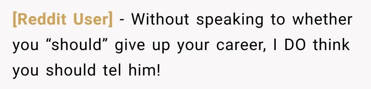 [Reddit User] − Without speaking to whether you “should” give up your career, I DO think you should tel him!
