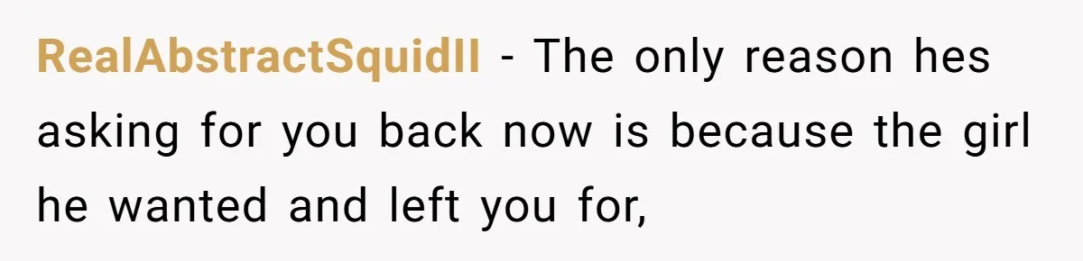 RealAbstractSquidII − The only reason hes asking for you back now is because the girl he wanted and left you for,
