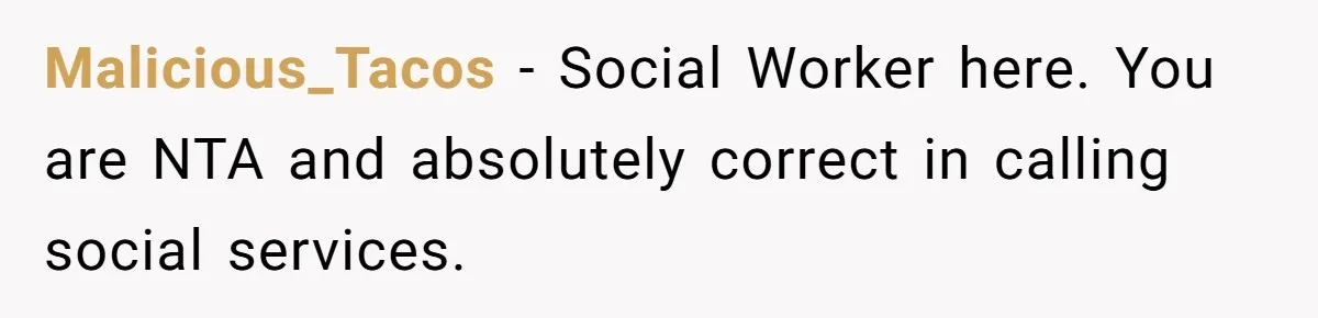 Malicious_Tacos − Social Worker here. You are NTA and absolutely correct in calling social services.