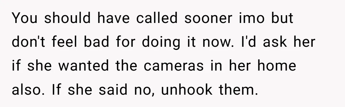 You should have called sooner imo but don't feel bad for doing it now. I'd ask her if she wanted the cameras in her home also. If she said no,...