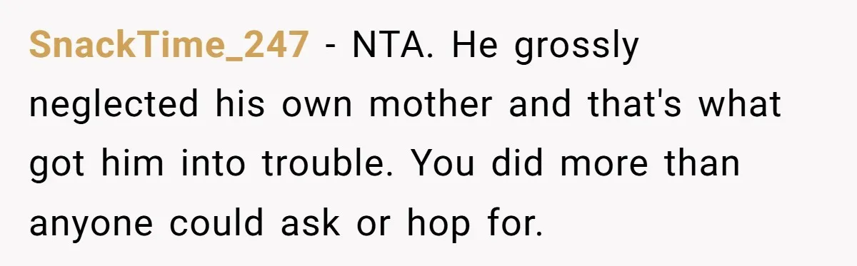 SnackTime_247 − NTA. He grossly neglected his own mother and that's what got him into trouble. You did more than anyone could ask or hop for.
