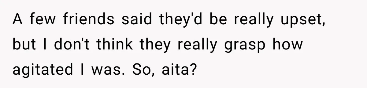 A few friends said they'd be really upset, but I don't think they really grasp how agitated I was. So, aita?