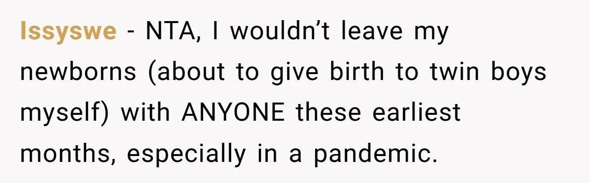 Issyswe − NTA, I wouldn’t leave my newborns (about to give birth to twin boys myself) with ANYONE these earliest months, especially in a pandemic.